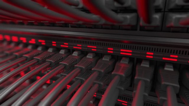 Close-up view of modern internet network switch with plugged ethernet cables. Blinking red lights on internet server. 4k 3d endless loop.