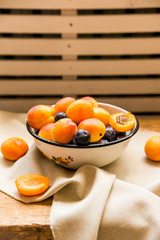Studio shot of bowl with plums and apricots