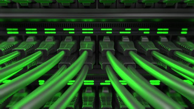 Close-up view of modern internet network switch with plugged ethernet cables. Blinking green lights on internet server. 4k 3d endless loop.