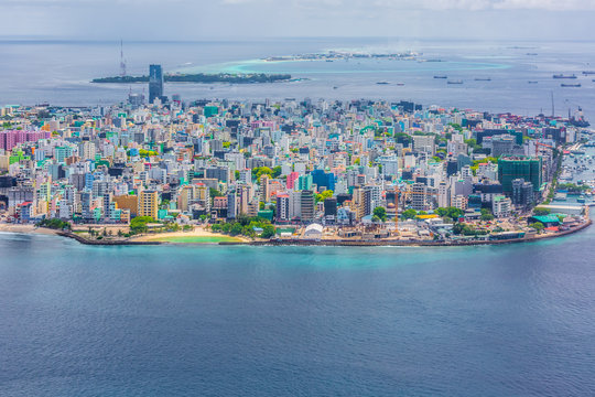 Aerial top view Male capital, Maldivian capital view from above, Male, Maldives.