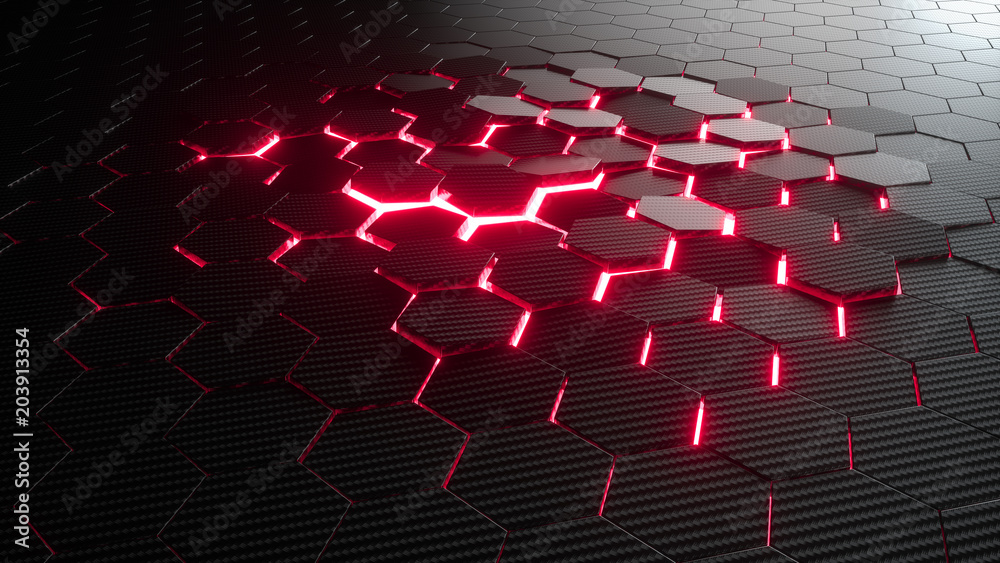 Poster abstract hexagonal geometric background. structure of lots of hexagons of carbon fiber with bright e
