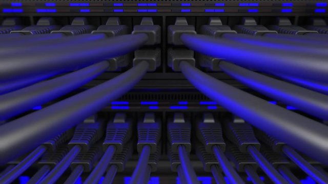 Close-up view of modern internet network switch with plugged ethernet cables. Blinking blue lights on internet server. 4k 3d endless loop.
