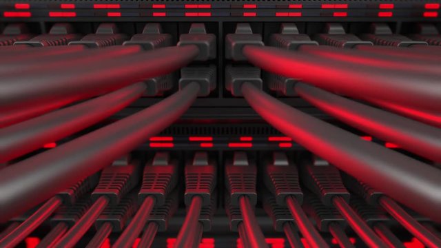 Close-up view of modern internet network switch with plugged ethernet cables. Blinking red lights on internet server. 4k 3d endless loop.