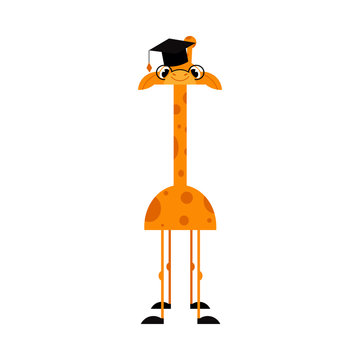 Funny giraffe cartoon character with long neck in eyeglasses and academic hat isolated on white background - smart comic yellow african animal with spots, flat vector illustration.