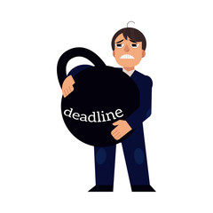 Deadline pressure on businessman - male office worker holding big heavy weight with deadline sign isolated on white background. Time management and planning concept, flat cartoon vector illustration.