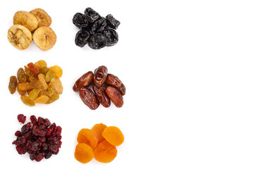 Set of dried fruits isolated on white background with copy space for your text. Top view. Flat lay