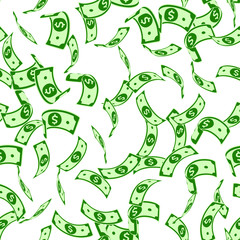 American dollar notes seamless pattern. Scattered USD bills. USA small flying money pattern. Jackpot, wealth or success concept. Vector illustration.