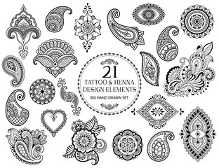 Big set of Mehndi flower pattern for Henna drawing and tattoo. Decoration in ethnic oriental, Indian style. - obrazy, fototapety, plakaty