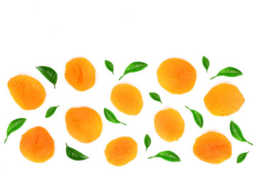 Dried apricots decorated with leaves isolated on a white background with copy space for your text. Top view. Flat lay