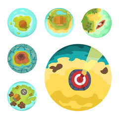 Cartoon tropical exotic island in ocean top view exotic lagoon map caribbean aerial sprite seascape tourism paradise coast vector illustration.