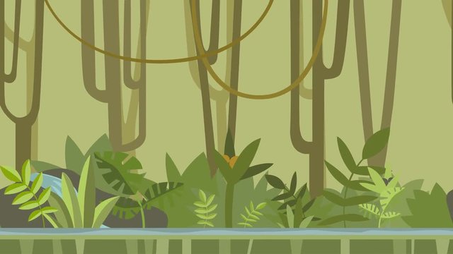 Animated background. Green jungle forest with river. Flat animation, parallax