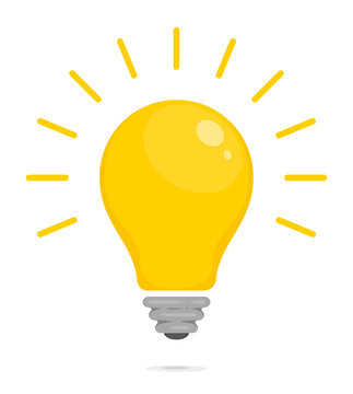 Yellow glowing light bulb. Symbol of energy, solution, thinking and idea. Flat style icon for web and mobile app. Vector illustration for your design