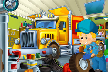 cartoon scene with mechanic and big old style truck in the repair garage - illustration for children  