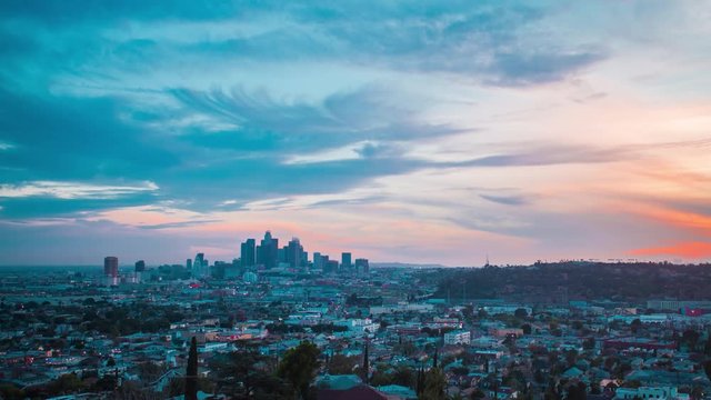 4K Stunning Cinematic Time-Lapse of the absolutely spectacular red bloody sunset over Los Angeles  Downtown skyline