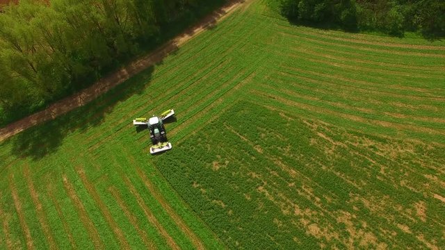 Aerial view of a tractor mowing a green fresh grass field, 
a farmer in a modern tractor mowing a green fresh grass field on a sunny day.