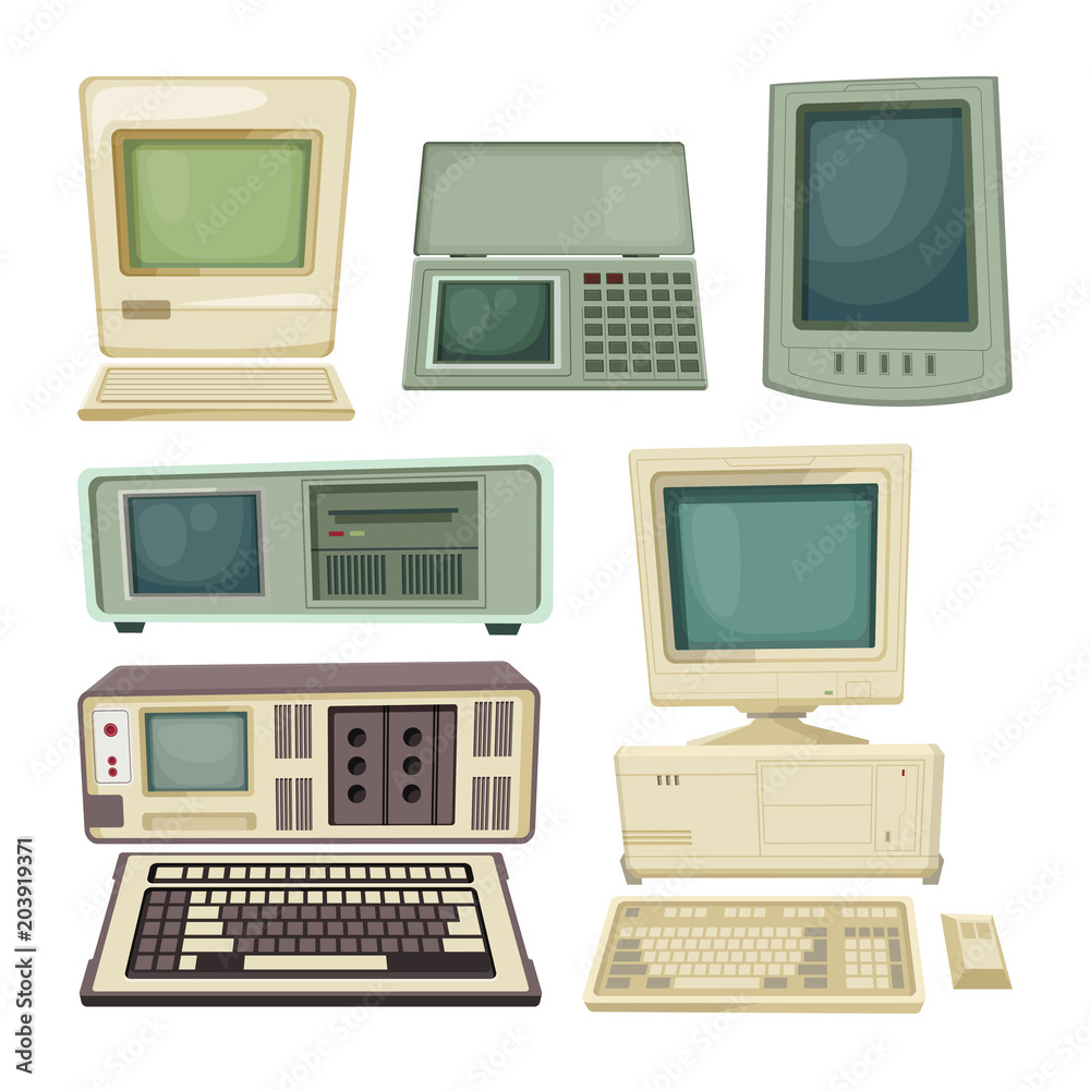 Canvas Prints vintage illustrations of desktop computers and other different technician gadgets