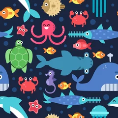 Papier Peint photo Animaux marins Modèle sans couture de la vie sous-marine de la mer. Illustrations plates vectorielles