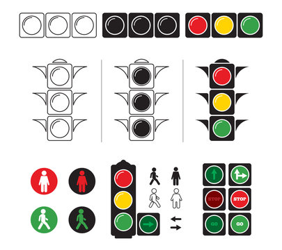 Set stylized illustrations of traffic light with symbols