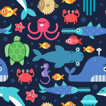 Seamless Pattern Of Sea Underwater Life. Vector Flat Illustrations