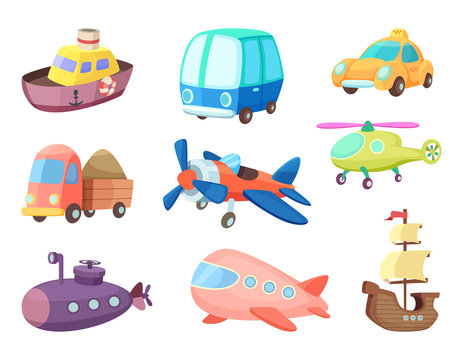 Cartoon illustrations of various transportation. Airplanes, ship, cars and others. Vector pictures of toys for kids