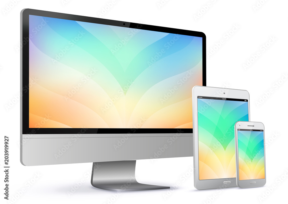 Sticker computer screen, tablet pc and mobile phone with colorful abstract screen vector illustration