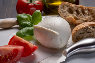Traditional italian food - white ball mozzarella buffalo Italian soft cheese with cheese knife, tomato, basil, olive oil