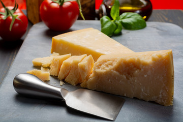 Traditional italian food - aged Italian parmesan hard cheese Parmigiano-Reggiano with cheese knife, tomato, basil, olive oil