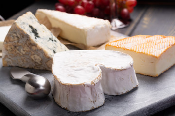 French cheeses plate in assortment,  Neufchatel heart shaped aged white cow cheese from Normandy