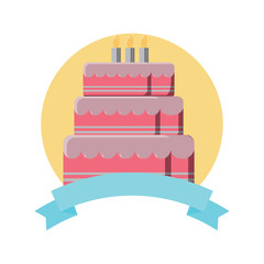 emblem with birthday cake icon over white background, colorful design. vector illustration