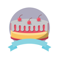 emblem with birthday cake icon over white background, colorful design. vector illustration