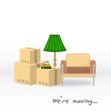 Transportation and home removal. We're moving. Boxes, armchair, floor lamp, books in anticipation of moving. Stock vector. Flat design.