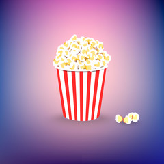 Carton bowl full of popcorn on colorful background. Flat vector illustration.