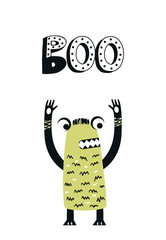 Boo - Funny nursery poster with cute monster and lettering. Vector illustration in scandinavian style