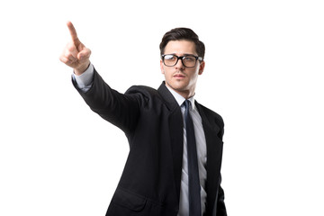 Businessman point a finger up, white background