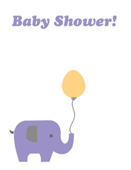 baby shower card with elephant cartoon holding a balloon