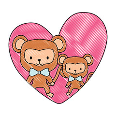 heart with cute monkeys over white background, colorful design. vector illustration