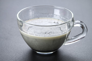 Coal latte. Black cappuccino. Black coffee with activated carbon.