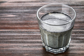 Coal latte. Black cappuccino. Black coffee with activated carbon.