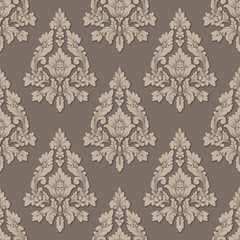 Vector volumetric damask seamless pattern background. Elegant luxury embossed texture for wallpapers, backgrounds and page fill. 3D elements with shadows and highlights.