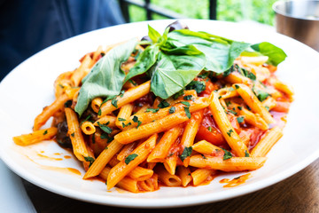 tasty pasta Italian tomato sauce pasta on the table