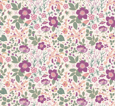 seamless floral background.strawberry, rose,petunia,bluebell.