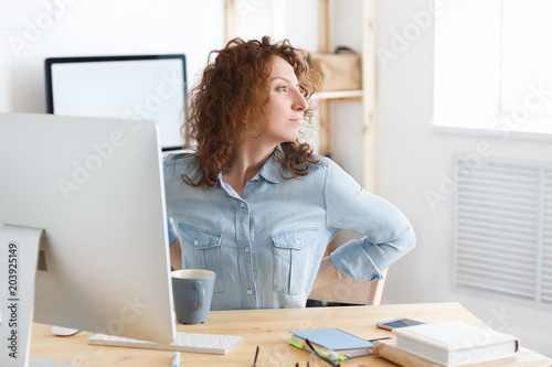 Portrait Of Tired Sleepy Businesswoman Has Pain In Neck Tired Of