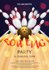 Bowling Party Flyer Template Illustration. Bright Bowling tournament poster. 3d ball and skittles composition. Bowling backgrounds for banner, poster, flyer, label design.