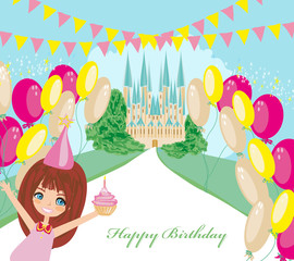 Obraz premium Birthday card with sweet girl and fairy-tale castle