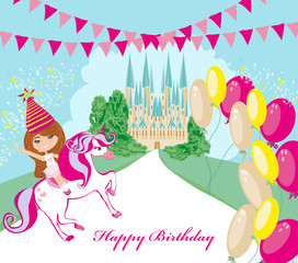 Obraz premium Happy little girl on unicorn in fantasy world
