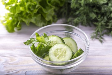 Cut cucumber  in a glass bowl