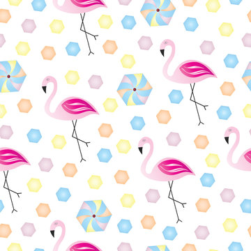 seamless pattern with pink flamingo and colorful shapes - summer pattern illustration