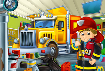 cartoon scene with fire fighter and truck in the repair garage - illustration for children  