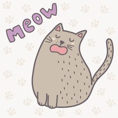 Cute cat saying meow print. Funny card for children. Vector illustration