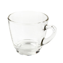 Empty glass cup of tea or coffee with handle isolated on white background